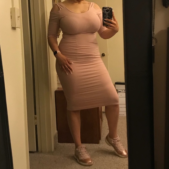 Cold Shoulder Bodycon Midi Dress - Light Mauve - Picture 1 of 7